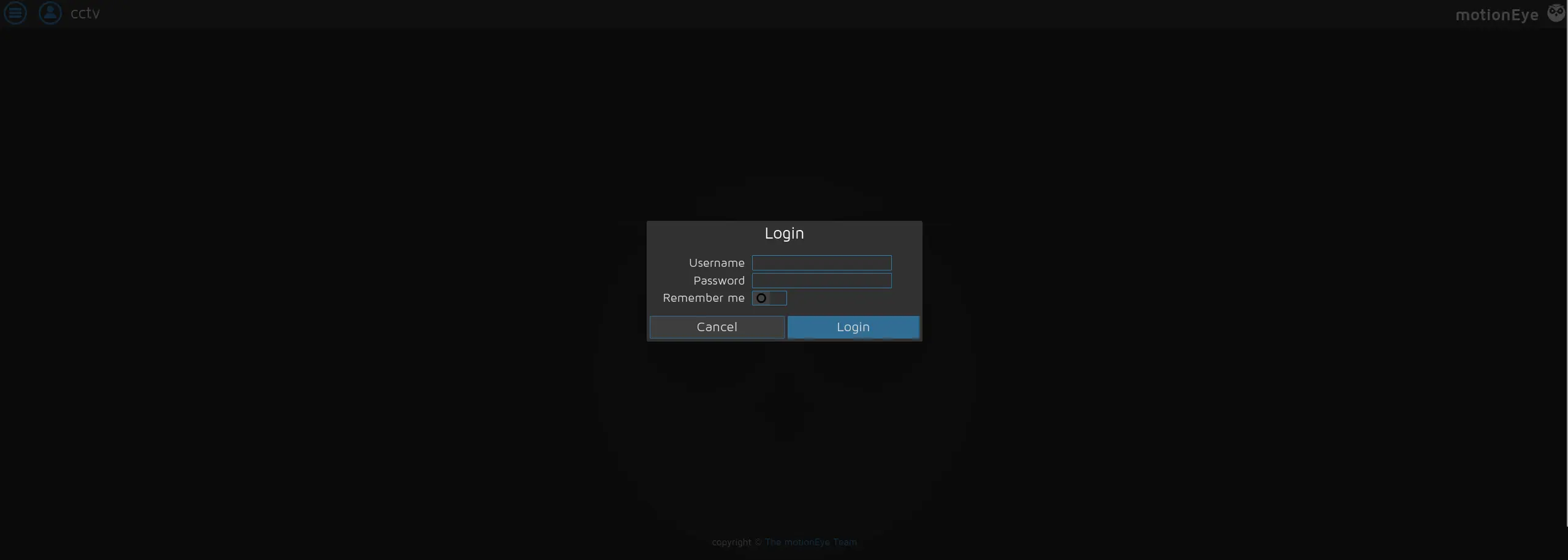 motionEye login page reached through the SSH tunnel