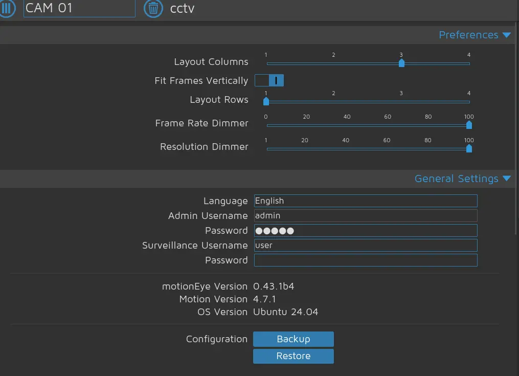 motionEye console showing version 0.43.1b4