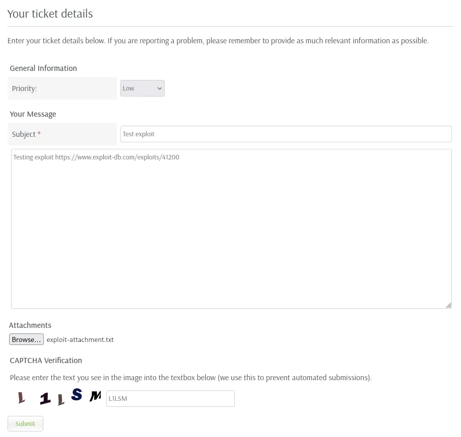 HelpDeskZ ticket submission form with a subject, message and an attachment, used to reach the injectable attachment-download parameter