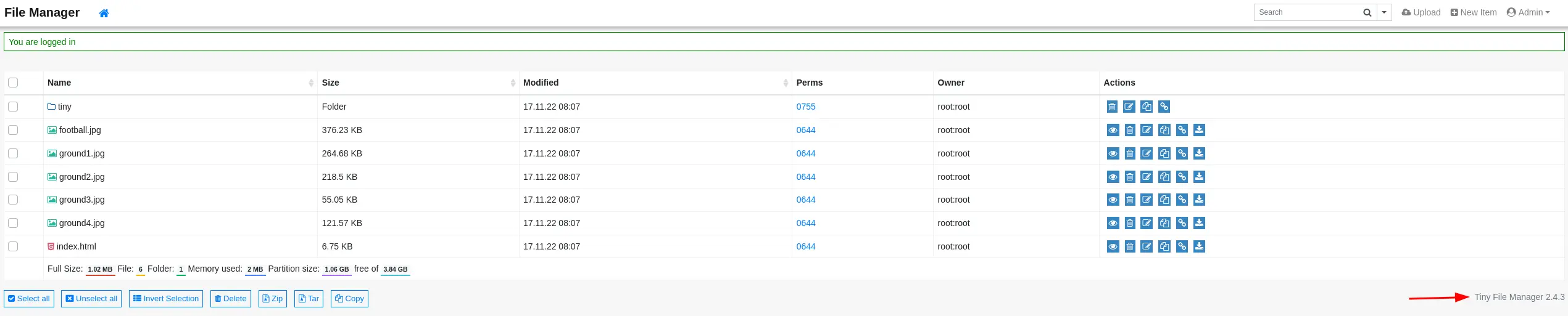 Logged into Tiny File Manager, version 2.4.3 visible in the footer