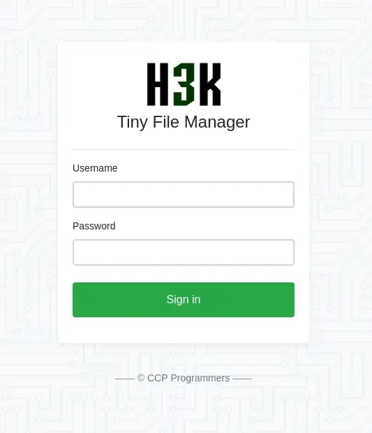 Tiny File Manager (H3K) login page on Soccer